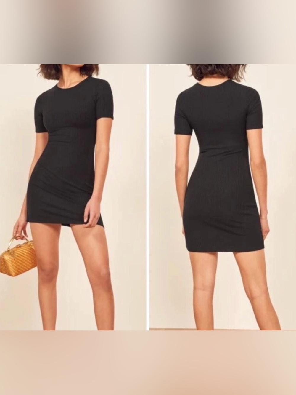 REFORMATION Eco Rib Short Sleeve Crew Neck Bodycon Mini Dress - size M - black